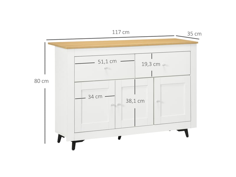  Buffet de cuisine avec 2 tiroirs, 3 portes et une étagère réglable, pour cuisine, salle à manger, salon, 117 x 35 x 80 cm, blanc  - Conforama E