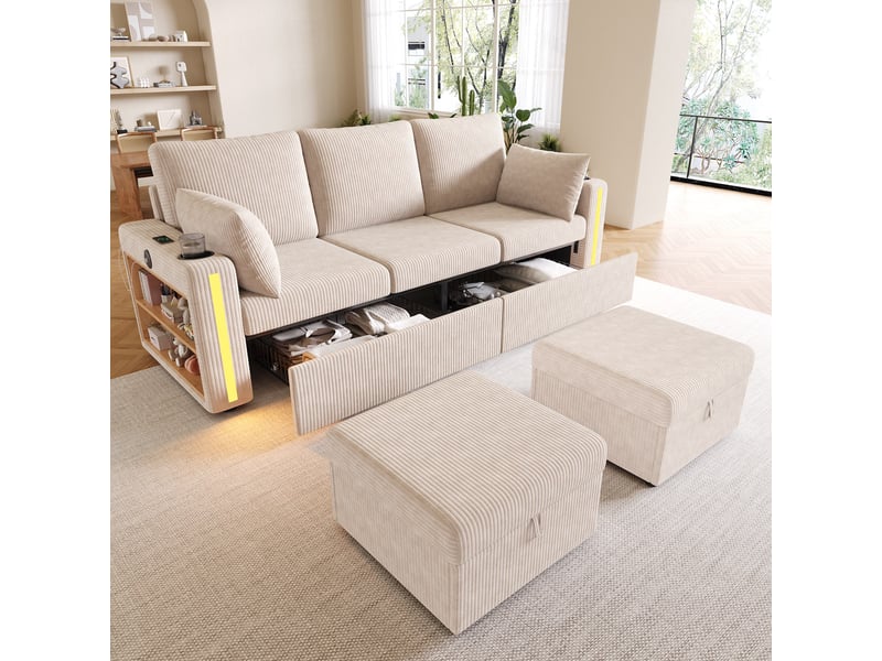  Canapé d'angle modulable 5 places 190 × 130 cm, poufs rangement, led, usb-ausb-c, beige IKSETERA TRADING LTD - Conforama D