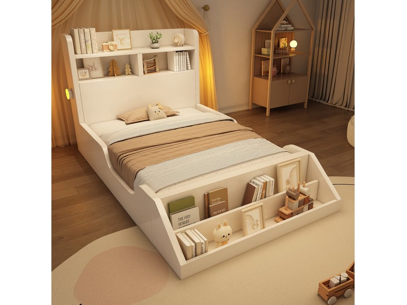 Lit enfant 90x200cm tête-lit tablettes bibliothèque amovible lumières réglables bois blanc sans matelas - Conforama D