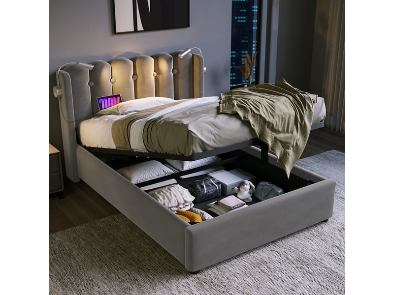  Lit coffre tcqpz 90 x 200 cm gris en velours avec liseuse, usb et rangement  - Conforama E