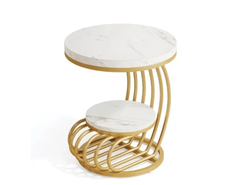 Table d’appoint ronde 2 niveaux avec rangement - lpospi - piètement arqué, effet marbre et métal doré, 50 × 63 cm - Conforama A