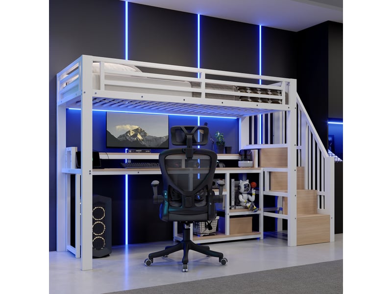  Lit mezzanine simple 90×200 cm avec rangements, usb, type-c et led - okmyhome- blanc, sans matelas  - Conforama C
