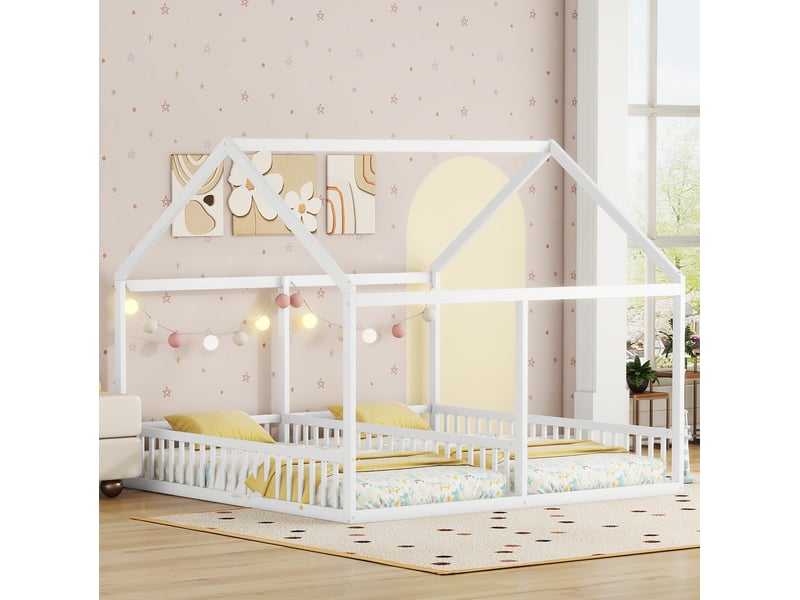  Lit enfant 2 en 1 avec deux couchages 90 x 200 cm, barrières, blanc, bois et mdf  - Conforama D