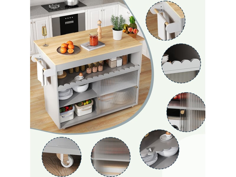 Desserte de cuisine 122 x 46 x 91 cm, grise, mdf, plateau rabattable, rangement à portes vitrées - Conforama E