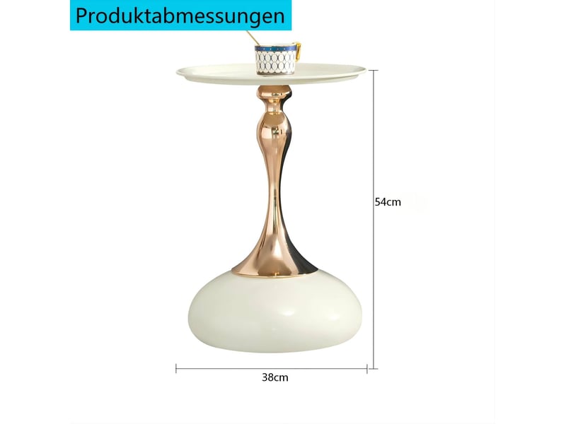 Table basse fixe ronde avec plateau et piètement en métal, format compact, pour salon ou chambre, blanc et doré - Conforama E