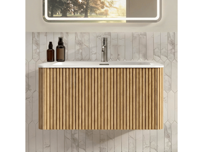  Meuble salle de bain 80 cm suspendu avec lavabo en fonte minérale, design rainuré, couleur chêne  - Conforama B