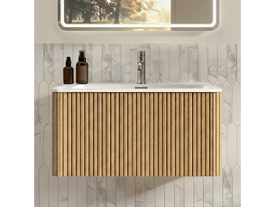 Meuble salle de bain 80 cm suspendu avec lavabo en fonte minérale, design rainuré, couleur chêne