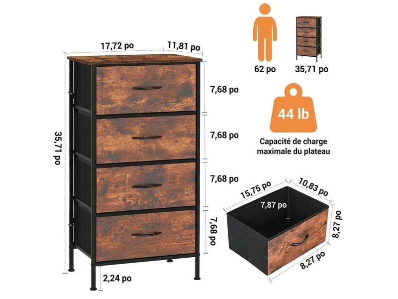  Chiffonnier meuble 45x30x91 cm quatre tiroirs tissu marron rustique et metal noir chambre  - Conforama D