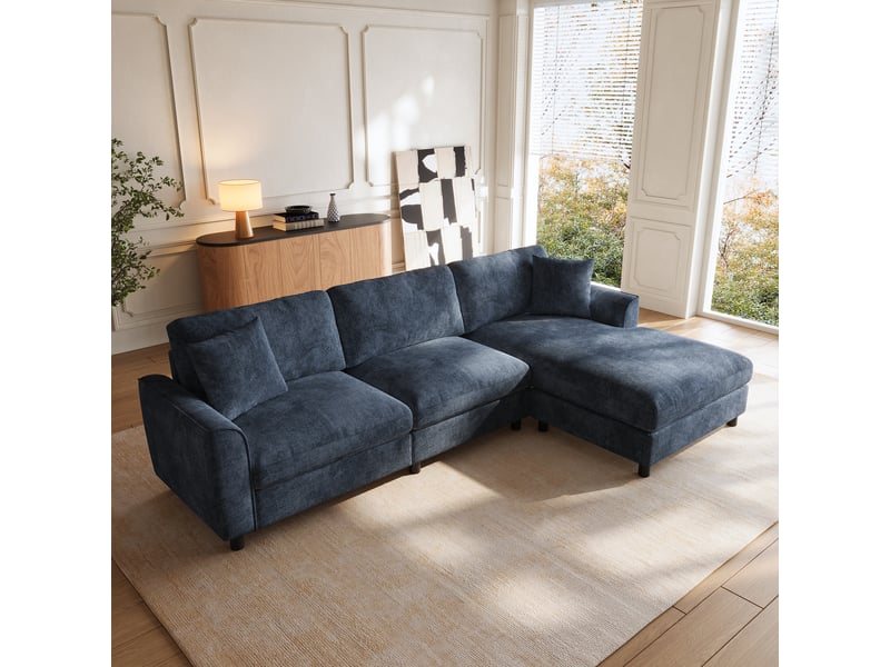  Canapé d’angle modulable en l 256 cm 3 places avec méridienne réversible extra-large 90 cm, accoudoirs courbés, ressorts ensachés, chenille bleu  - Conforama B