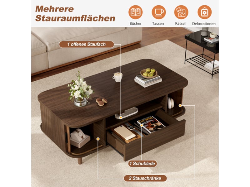  Table basse 100x50x35 cm noyer, 1 tiroir, 2 portes rideau, niche ouverte, pieds bois, mdf et panneaux, charge 30 kg  - Conforama E
