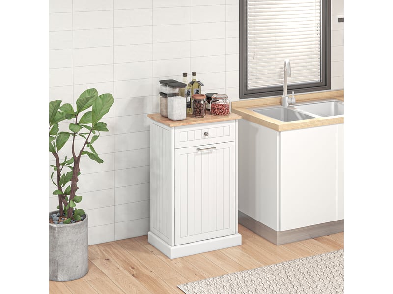  Meuble de cuisine avec support pour poubelle de 38 litres et tiroir, blanc  - Conforama C