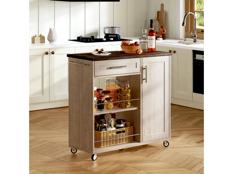  Chariot de cuisine à roulettes îlot de cuisine mobile avec tiroir et étagères 90x62x90 cm chêne sonoma  - Conforama C