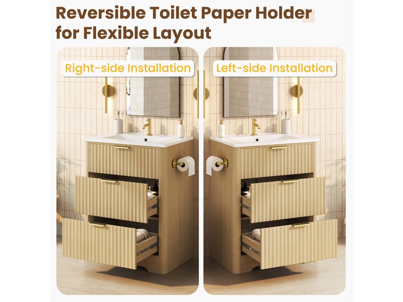  Meuble sous vasque 61 cm aspect bois sur pied avec vasque céramique, tiroirs et porte-papier  - Conforama C