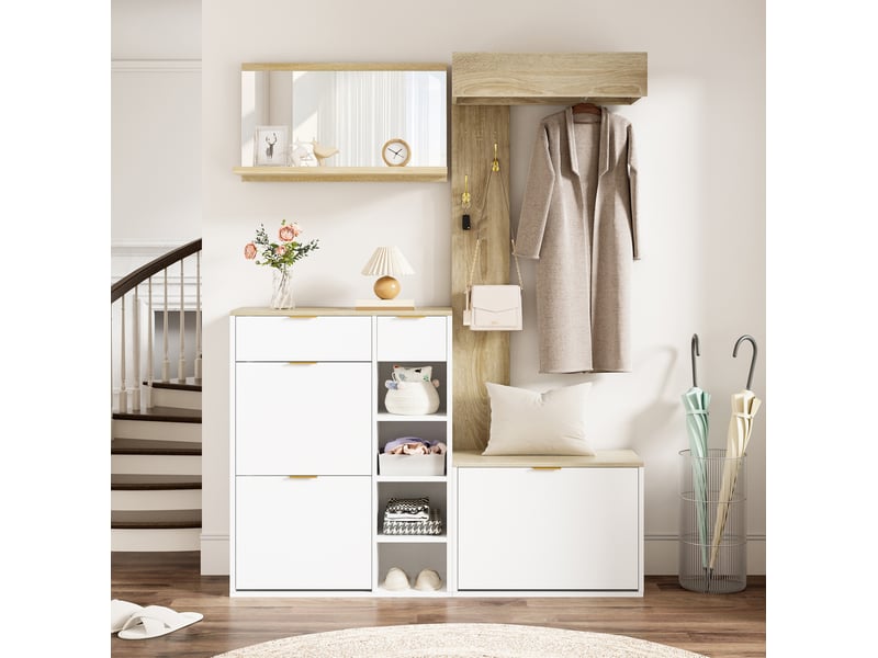  Meubles d'entrée 4 éléments avec meuble à chaussures, banc, miroir et panneau porte-manteaux, 130 × 30 × 174 cm  - Conforama B