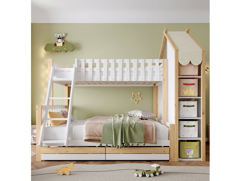  Lit superposé enfant 90x200 cm et 140x200 cm avec rangements blanc et naturel  - Conforama C