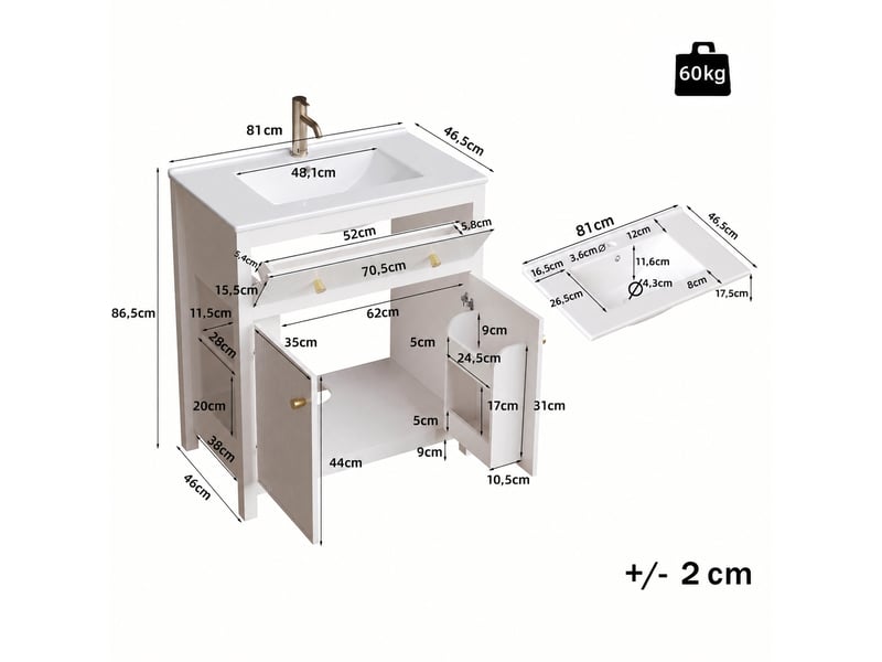  Meuble sous vasque blanc 81 cm avec vasque en céramique, façade cannelée et rangements  - Conforama C