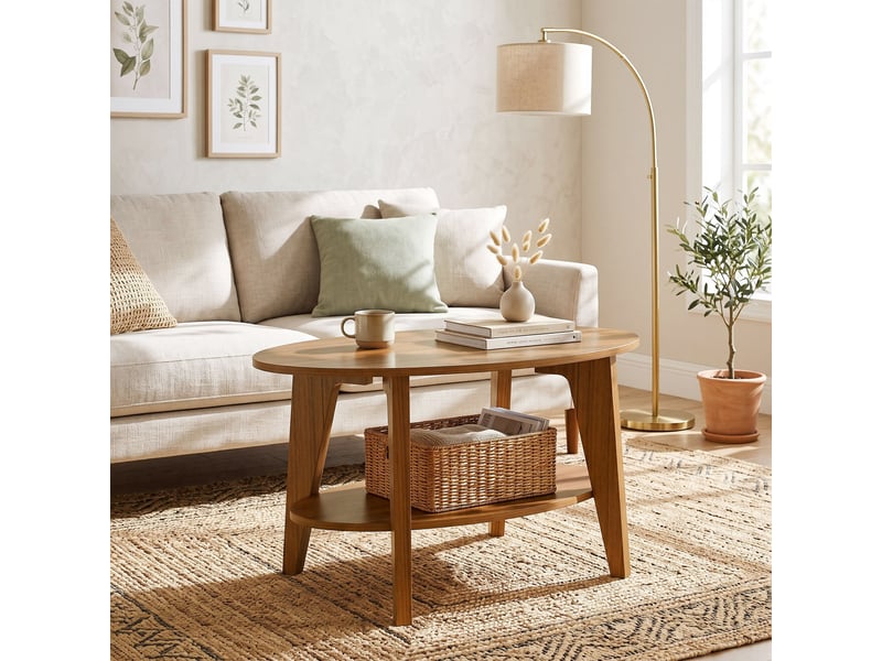  Table basse ovale style campagne chic effet bois chêne moyen avec étagère  - Conforama B