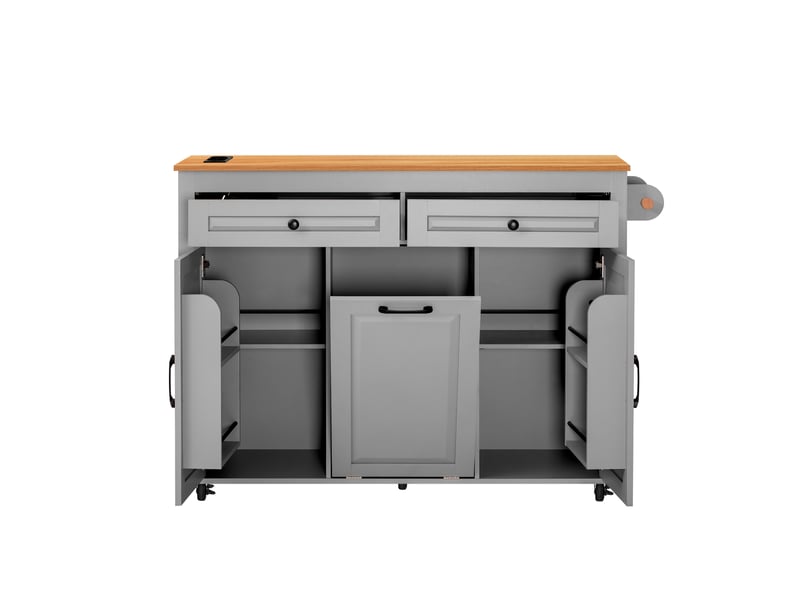  Îlot cuisine mobile 120x40-75x92 cm plan extensible 40-75 cm prises compartiment poubelle roulettes mdf gris  - Conforama E