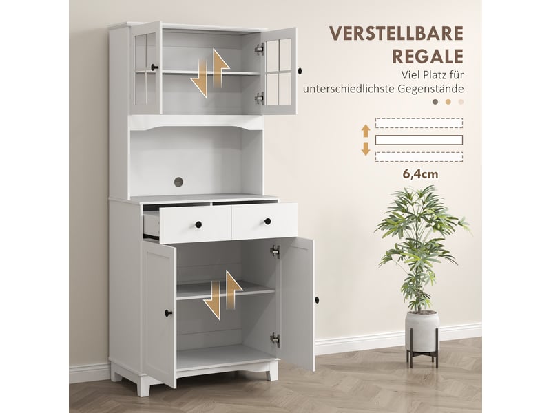  Meuble de cuisine avec portes vitrées, 2 tiroirs, vaisselier, meuble de salle à manger, bois, 68 x 39,5 x 170 cm, blanc  - Conforama W