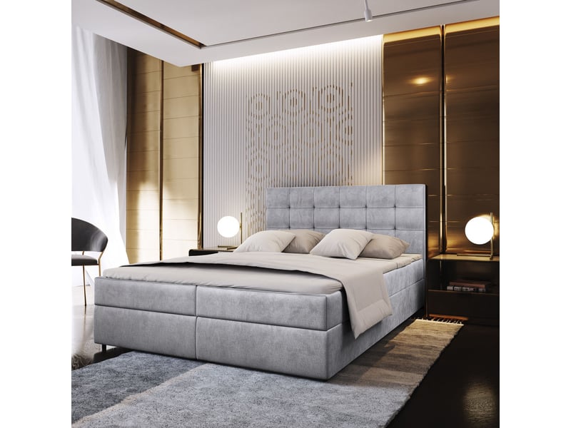 Boxspring glos 200x200 cm, lit complet avec matelas, gris - Conforama B