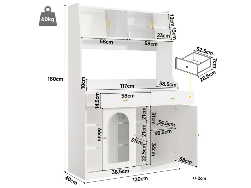  Buffet de cuisine blanc, vaisselier avec portes en verre et led, 120x40x180cm (sans matelas)  - Conforama D
