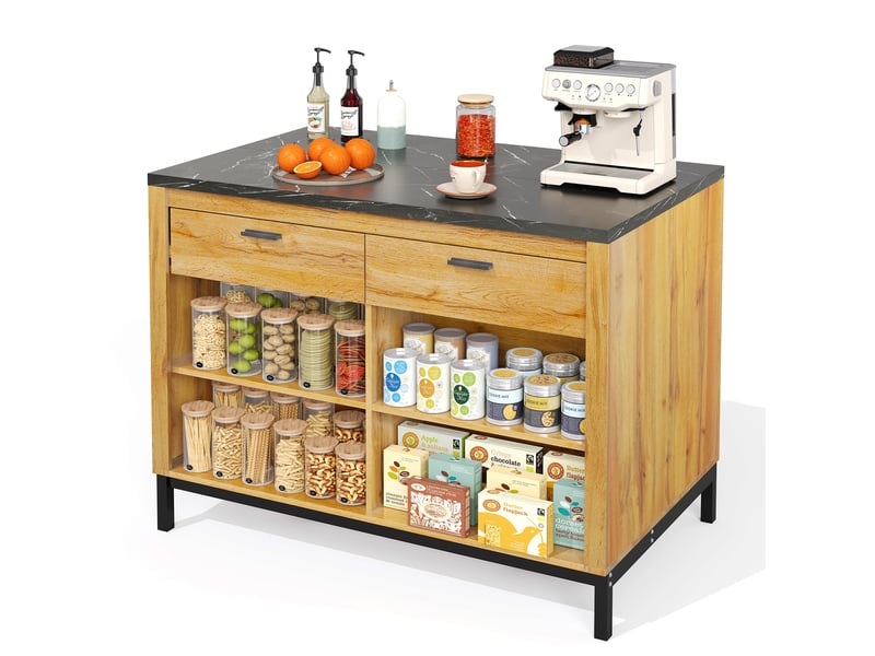  Îlot de cuisine 120cm avec 2 tiroirs et 4 étagères, table de bar style rustique en bois de chêne et marbre noir, meuble de rangement  - Conforama W