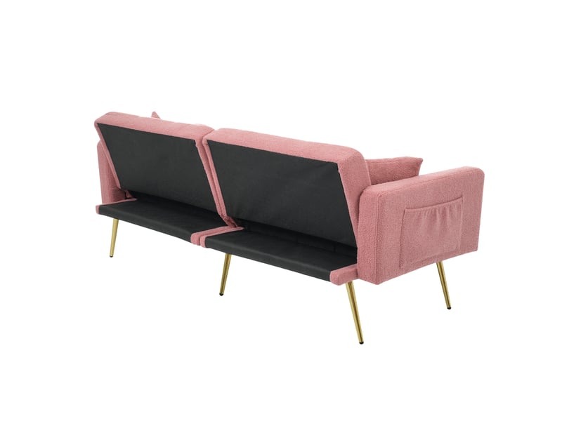 Canapé convertible rose en tissu bouclette, canapé inclinable sherpa 2 places avec pieds dorés et poches latérales, 175x64x72cm. - Conforama D