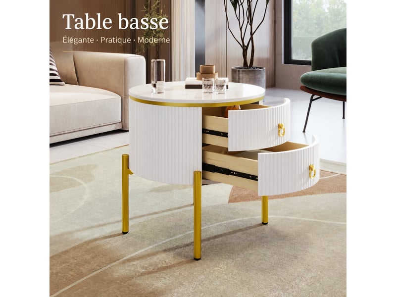  Table d’appoint ronde effet marbre blanc et doré avec 2 tiroirs, 50 x 50 x 51 cm  - Conforama D