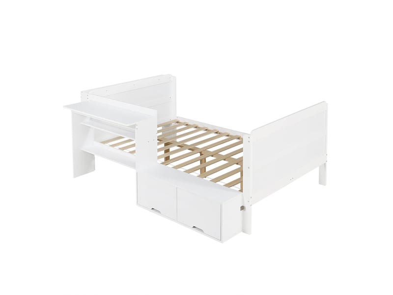  Lit combiné 120x200 cm avec bureau et rangement, lit fonctionnel blanc avec compartiment rabattable, étagère ouverte au pied  - Conforama A