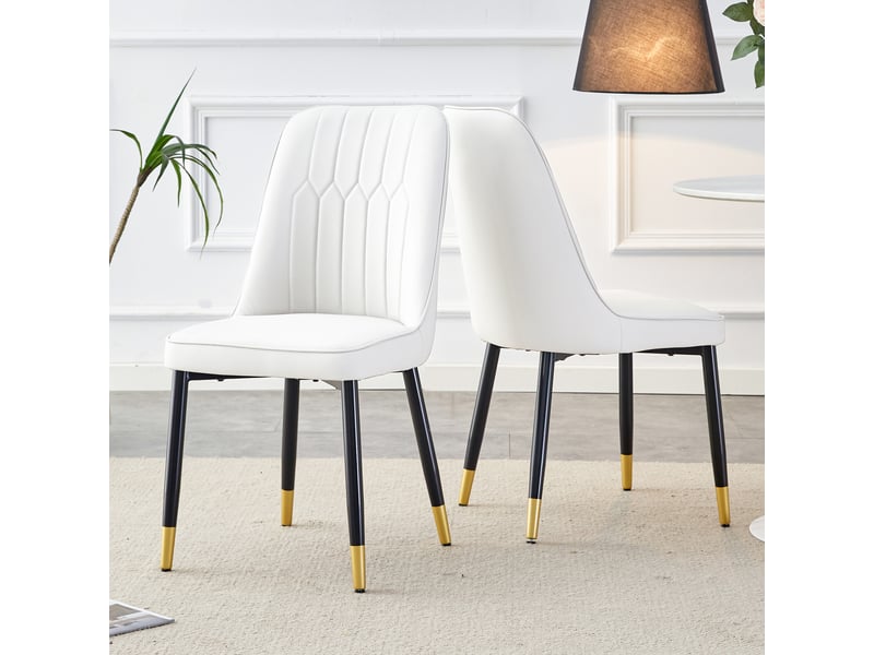  Set de 2 chaises de salle à manger modernes en blanc avec dossier rembourré en similicuir blanc et piètement métallique noir, idéales pour salle à manger, cuisine ou chambre  - Conforama B