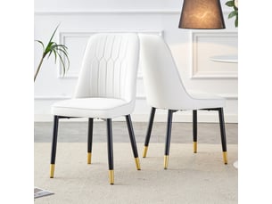 Set de 2 chaises de salle à manger modernes en blanc avec dossier rembourré en similicuir blanc et piètement métallique noir, idéales pour salle à manger, cuisine ou chambre