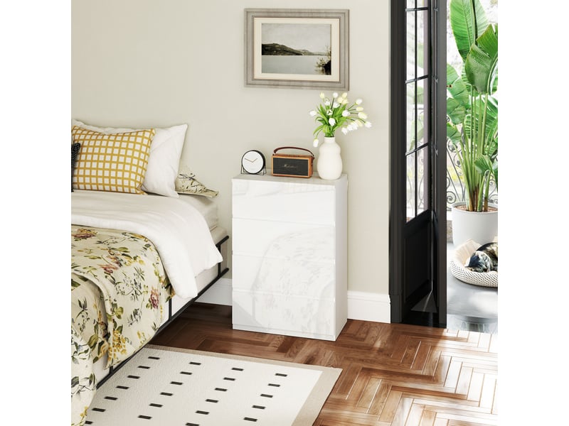  Commode moderne en bois à 4 tiroirs avec système anti-basculement, 55 x 33 x 80 cm, blanc brillant  - Conforama D