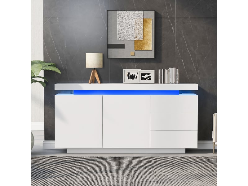  Buffet blanc laqué moderne 140cm, meuble de salon avec éclairage led rvb, 2 portes 3 tiroirs sans poignée  - Conforama W