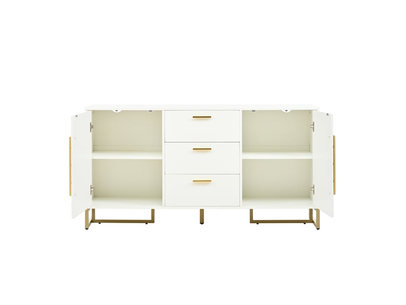  Buffet blanc élégant avec motif à chevrons, 2 portes et 3 tiroirs, meuble de rangement moderne  - Conforama D