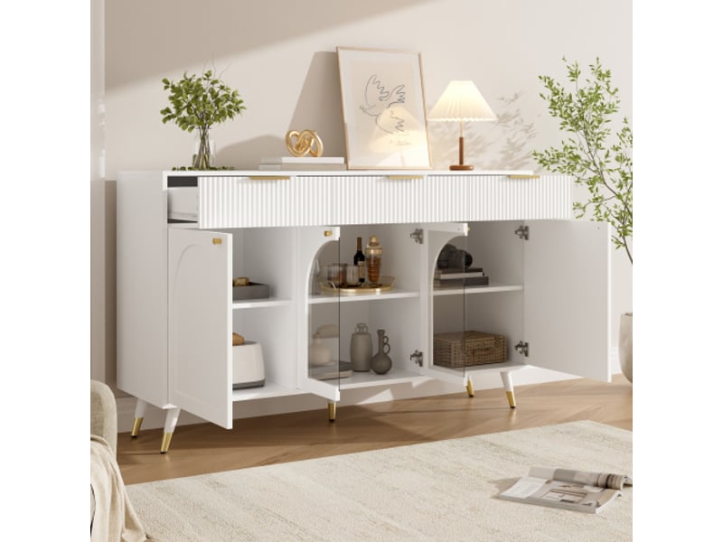  Buffet bas 140 x 40 x 85,5 cm avec 4 portes et 3 tiroirs, inserts en acrylique transparent, poignées en métal, pieds en bois, blanc  - Conforama E