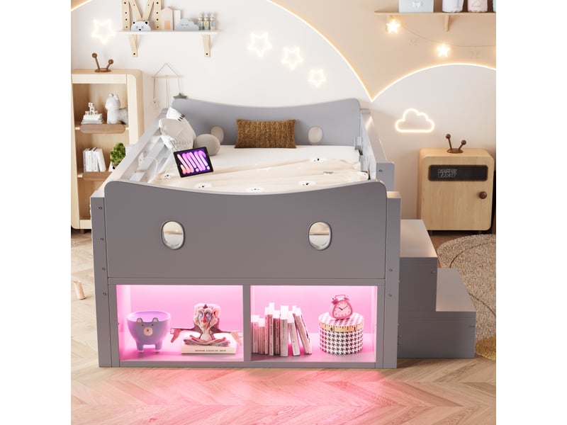 Lit enfant 90x200 cm gris avec tête de lit design, 4 tiroirs, 2 niches, barrière, led, usb et type-c - Conforama W