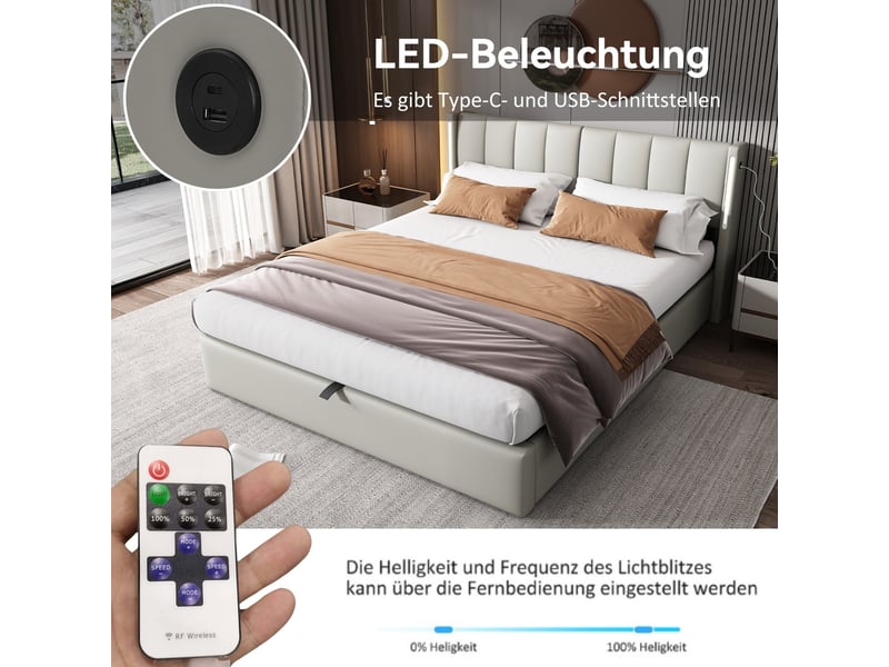  Lit coffre 140x200 cm avec éclairage led, port usb, rangement hydraulique et tête de lit réglable, pu gris  - Conforama D