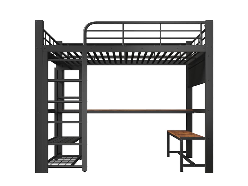 Lit mezzanine 140x200 cm métal noir avec led, bureau bois et rangements intégrés - Conforama A
