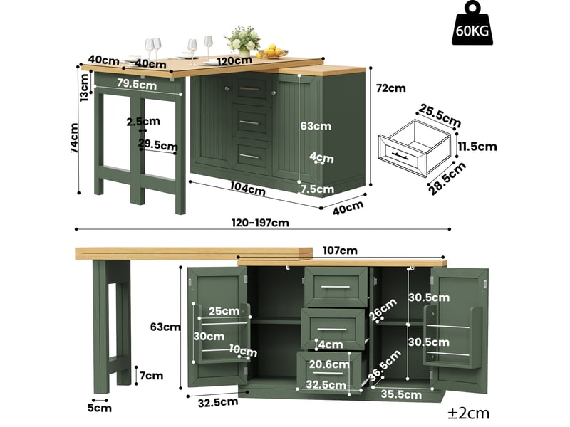  Ilot de cuisine multifonction 120x40x74 cm plateau extensible rotatif 360° mdf vert antique  - Conforama C