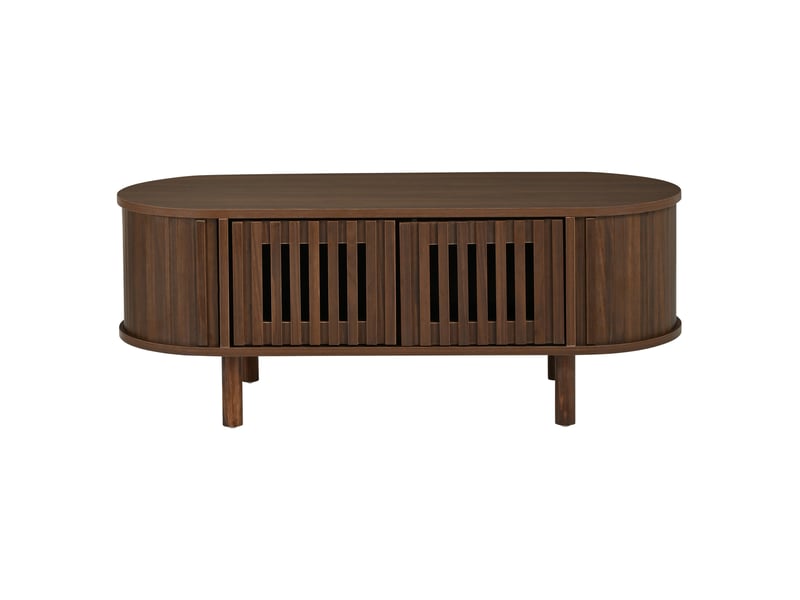 Table basse ovale 100x40x38 cm – noyer foncé – rangement avec 2 portes à lamelles et porte coulissante - Conforama D