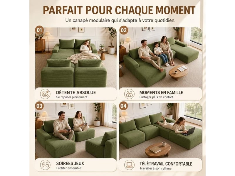 Canapé d'angle modulable 4 places avec méridienne, velours côtelé vert, design moderne pour salon élégant - Conforama E