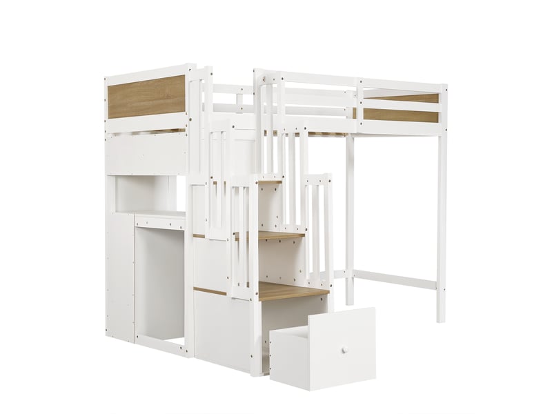  Lit mezzanine en bois 90x200 cm avec bureau et rangements, lit mezzanine en bois blanc et naturel, lit mezzanine avec escalier, tiroirs, étagère suspendue ouverte et espace de travail intégré pour chambre d'enfant  - Conforama D