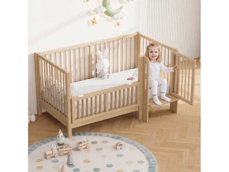  Lit enfant 140x70 cm, évolutif, avec porte sécurisée et marche intégrée, en bois, naturel  - Conforama E