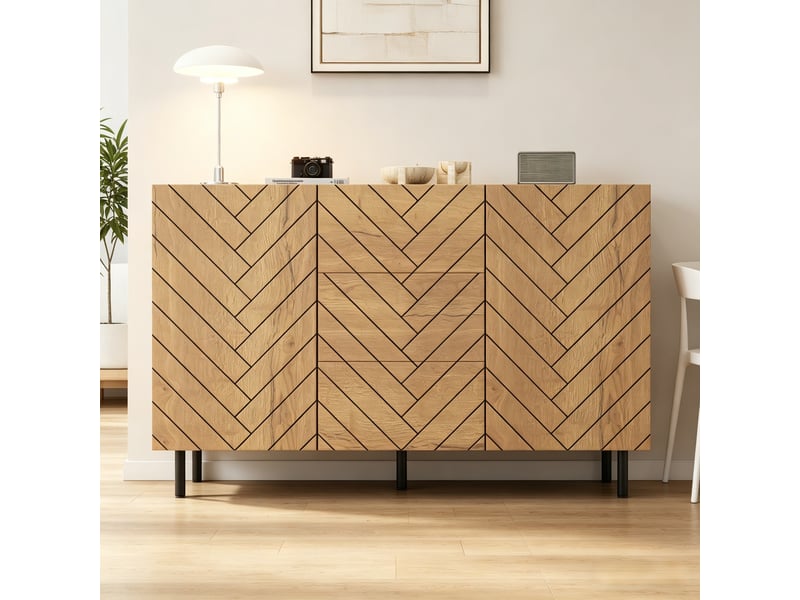  Buffet salon bois et noir, meuble de rangement 3 tiroirs 2 portes, 120x40x76 cm  - Conforama D