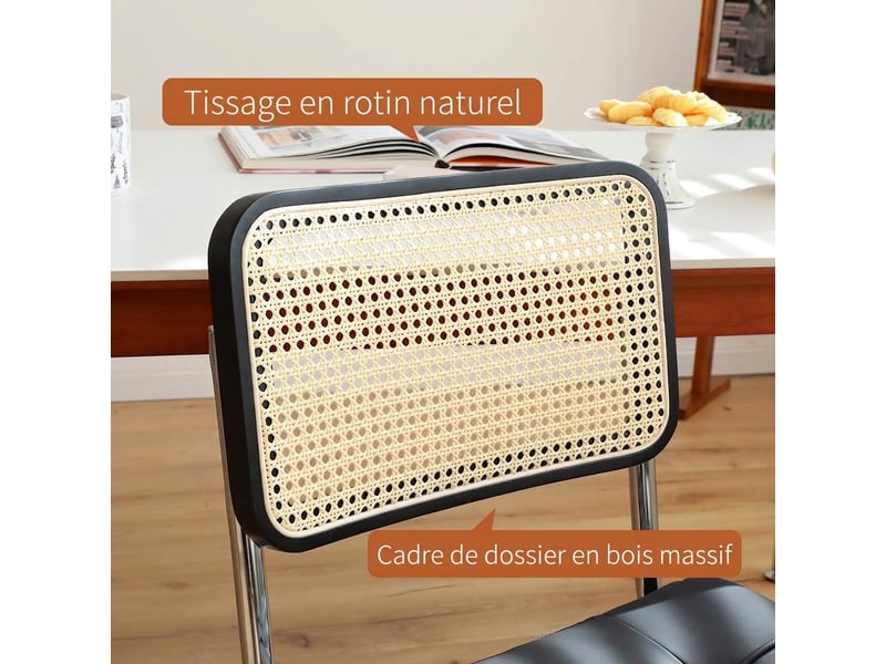 Lot de 4 chaises de salle à manger, chaises luge avec pieds chromés et dossier en rotin, style moderne - Conforama R