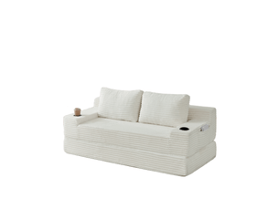 Canapé familial, avec fonction couchage, avec porte-gobelets, avec coussins, avec poches latérales, en velours côtelé, coloris beige