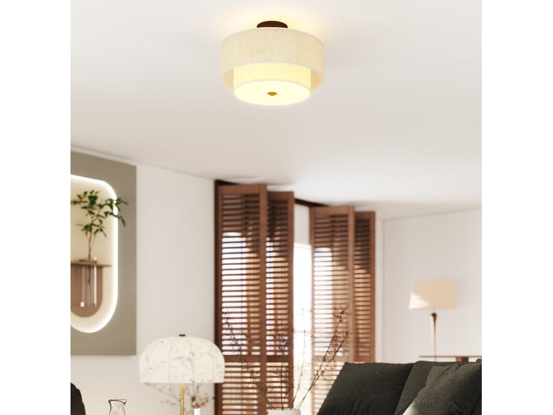  Suspension 40x40x26 cm à doubles abat-jour aspect lin métal blanc crème  - Conforama C