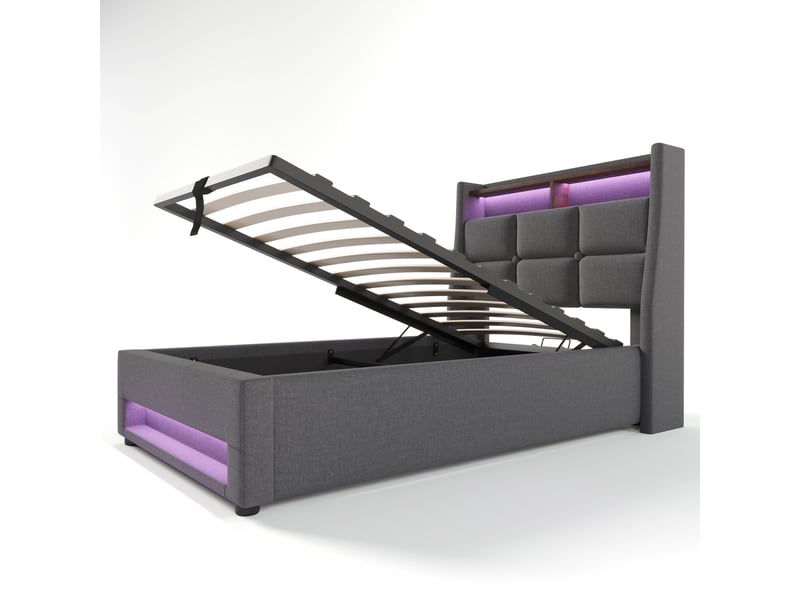  Lit enfant 90x200 cm avec usb et led, lit simple avec matelas, gris, cadre de lit adulte avec tête de lit en lin  - Conforama W