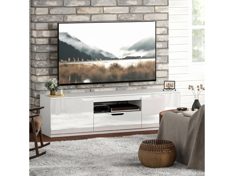  Meuble tv 160 cm, blanc, meuble télé pour téléviseur jusqu'à 65 pouces avec 2 portes et tiroir  - Conforama W