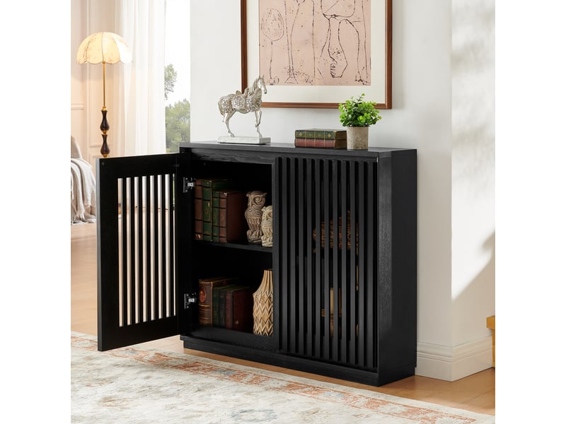  Buffet étroit 99x23,5 cm avec 2 portes rainurées ajourées, étagère réglable et 2 ouvertures pour prises murales, mdf, noir  - Conforama D